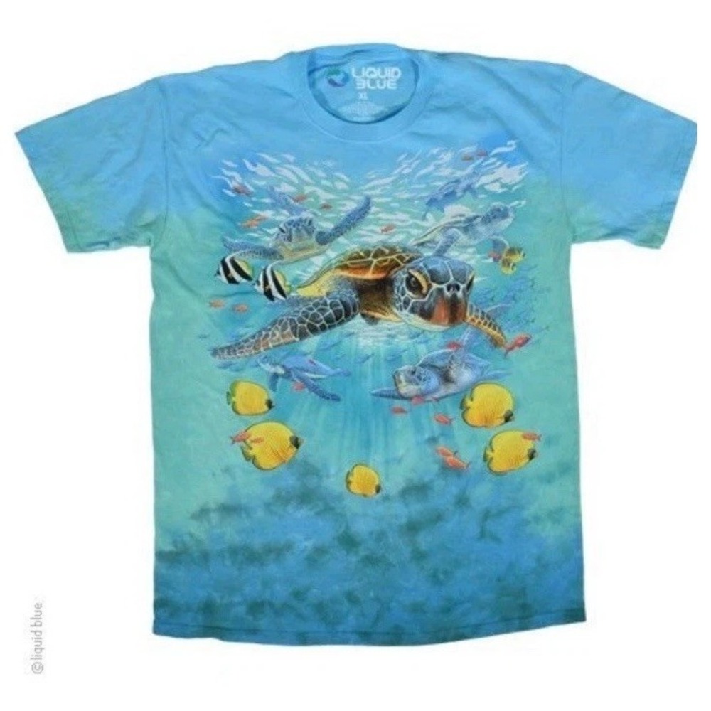 Liquid Blue Sea Turtle T-Shirt Men's Medium Blue Tie Dye Vintage Ocean